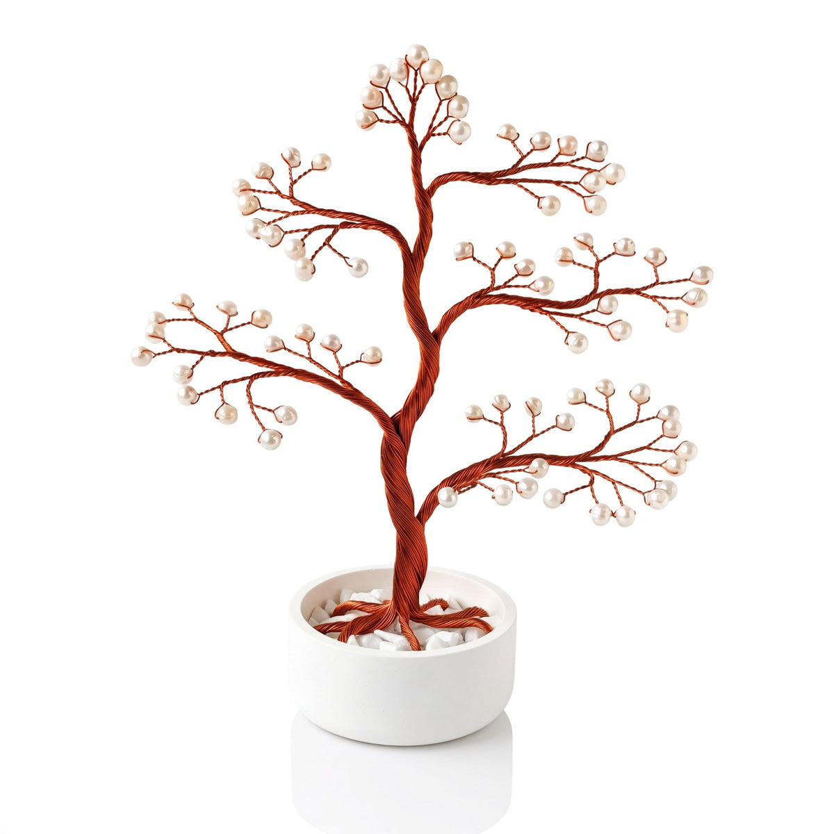 Pure copper wire finish: pearl bonsai tree with white freshwater pearls in a plain white ceramic bowl