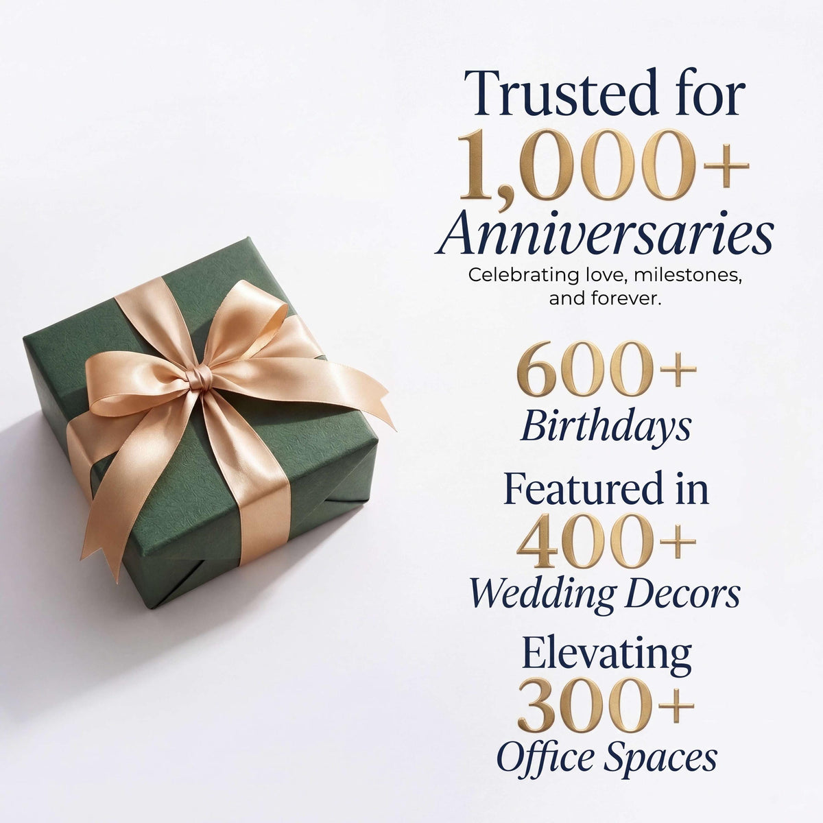 Gift box with gold ribbon: trusted for over 1,000 anniversaries, birthdays, wedding decor and office spaces