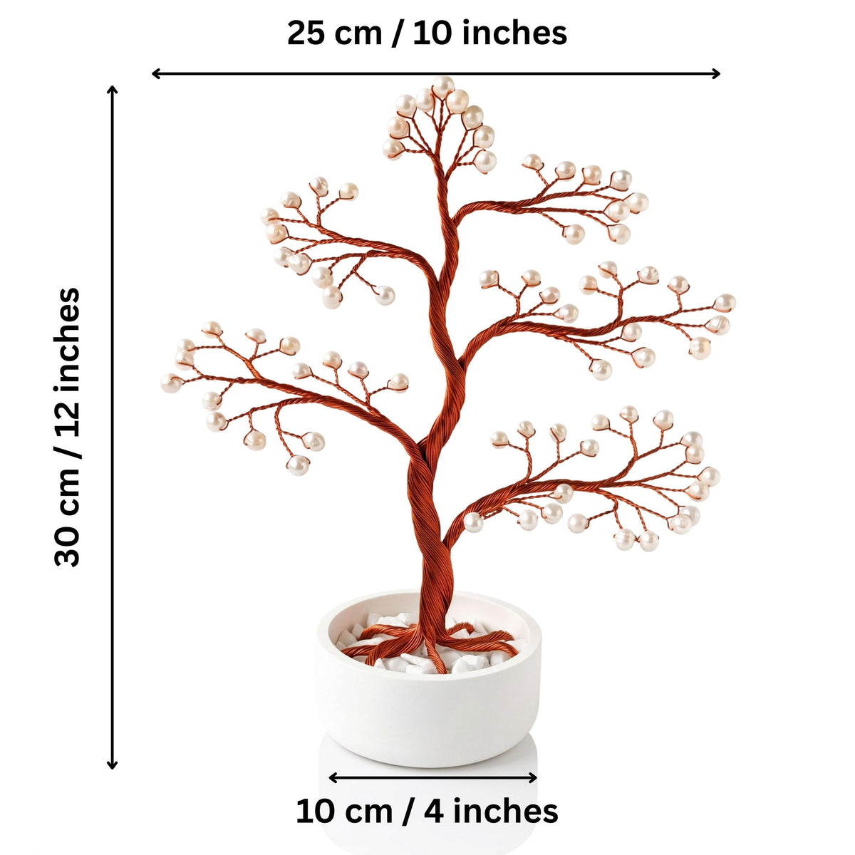 Size of the pearl bonsai: 30 cm (12 in) high, 25 cm (10 in) wide, bowl 10 cm (4 in)