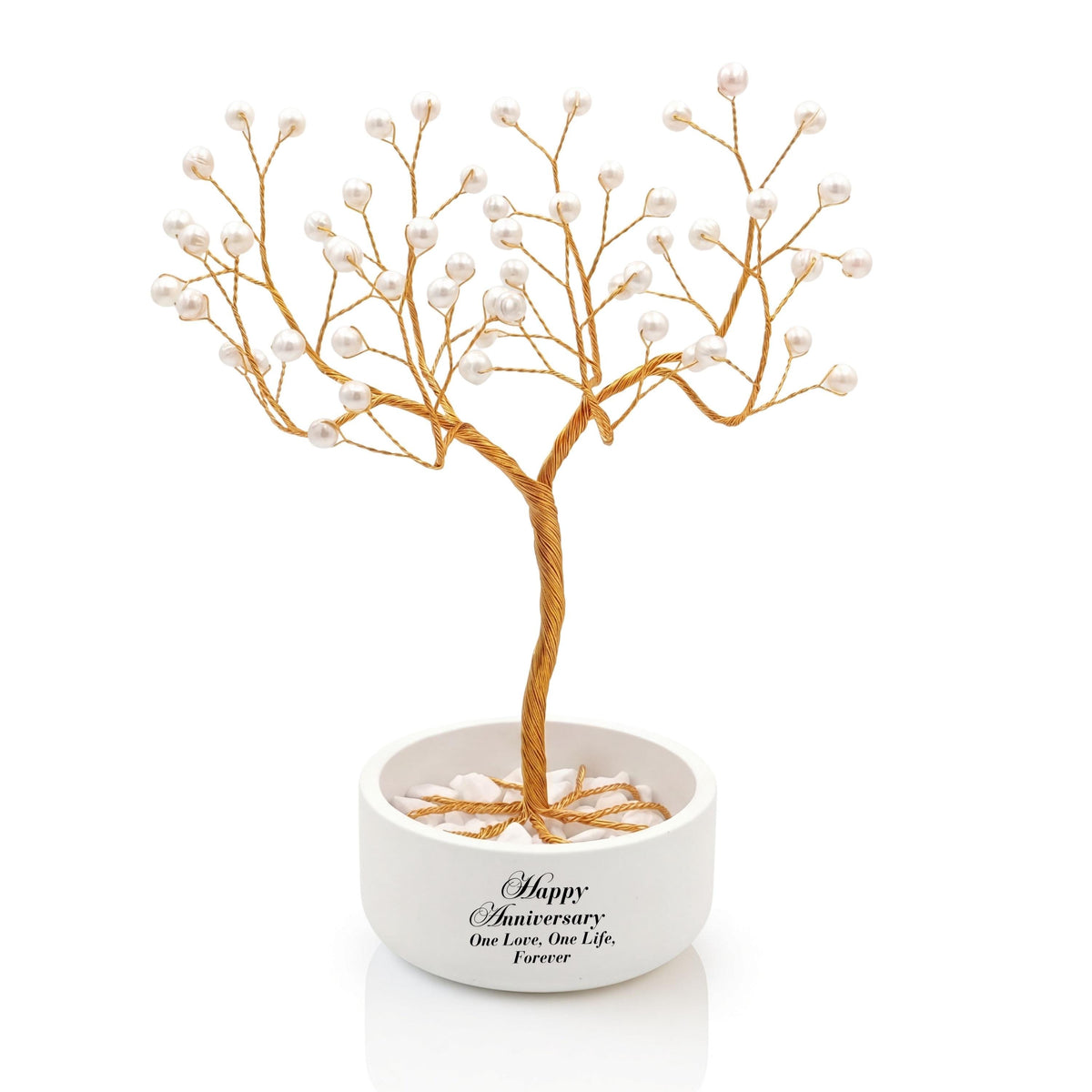 Gold Tree of Life with 54 white freshwater pearls in a white ceramic bowl printed Happy Anniversary, One Love, One Life, Forever