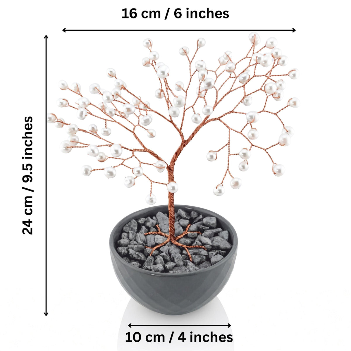 Copper pearl tree dimensions: 24 cm (9.5 in) tall, 16 cm (6 in) wide, 10 cm (4 in) bowl