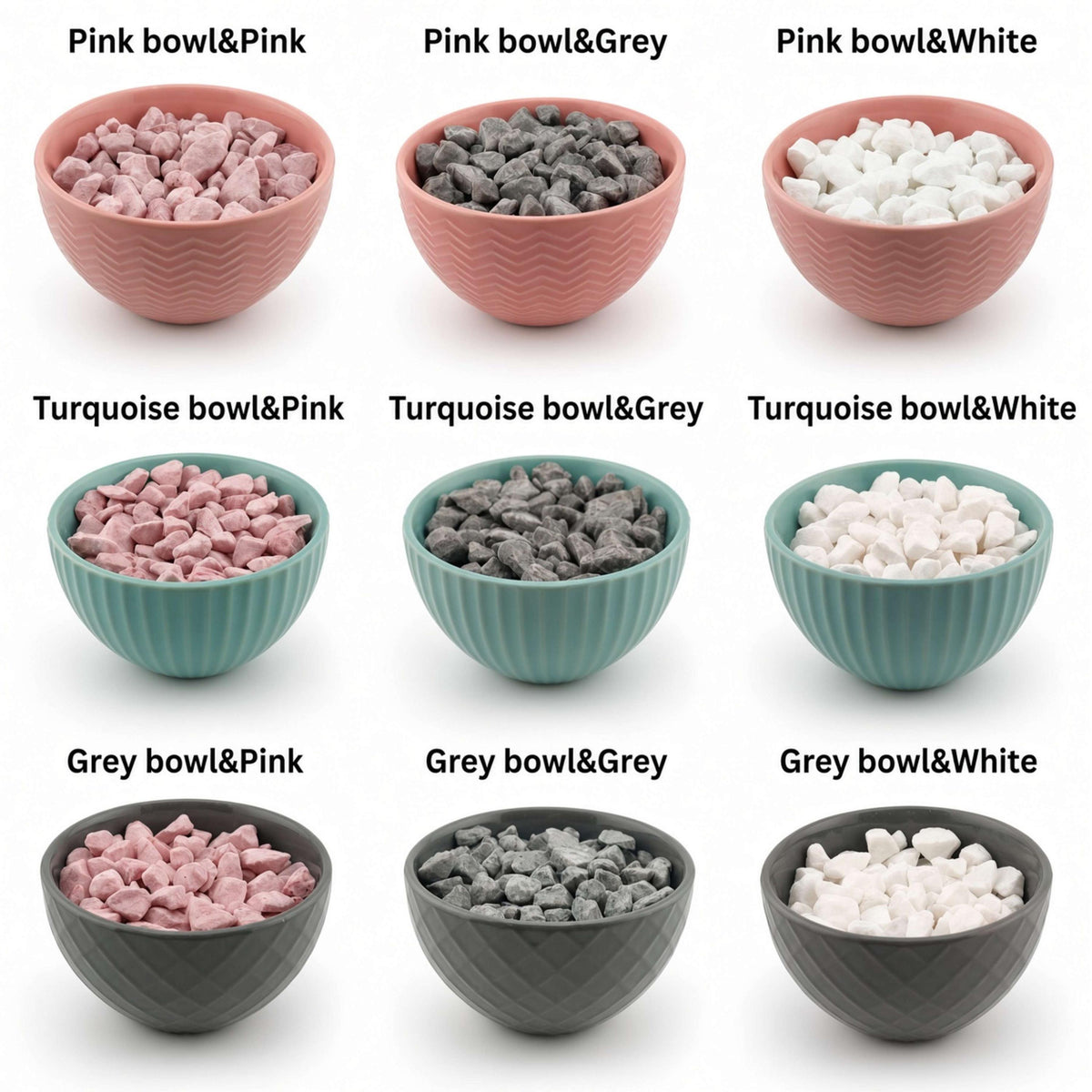 Colour chart of nine options: pink, turquoise or grey bowl with pink, grey or white stones