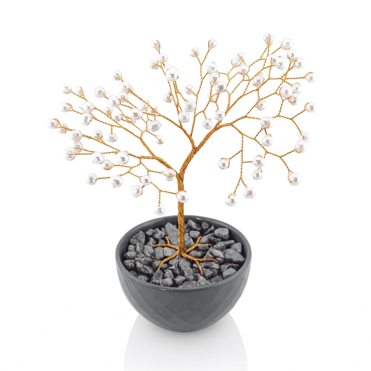 Gold pearl Tree of Life with 88 white freshwater pearls on gold-plated copper wire in a grey ceramic bowl with grey stones