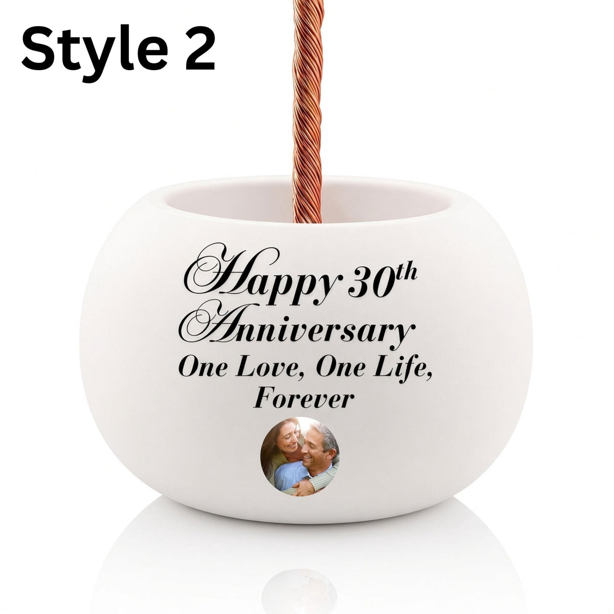Personalization Style 2: white bowl with printed anniversary text and a small round photo of a couple