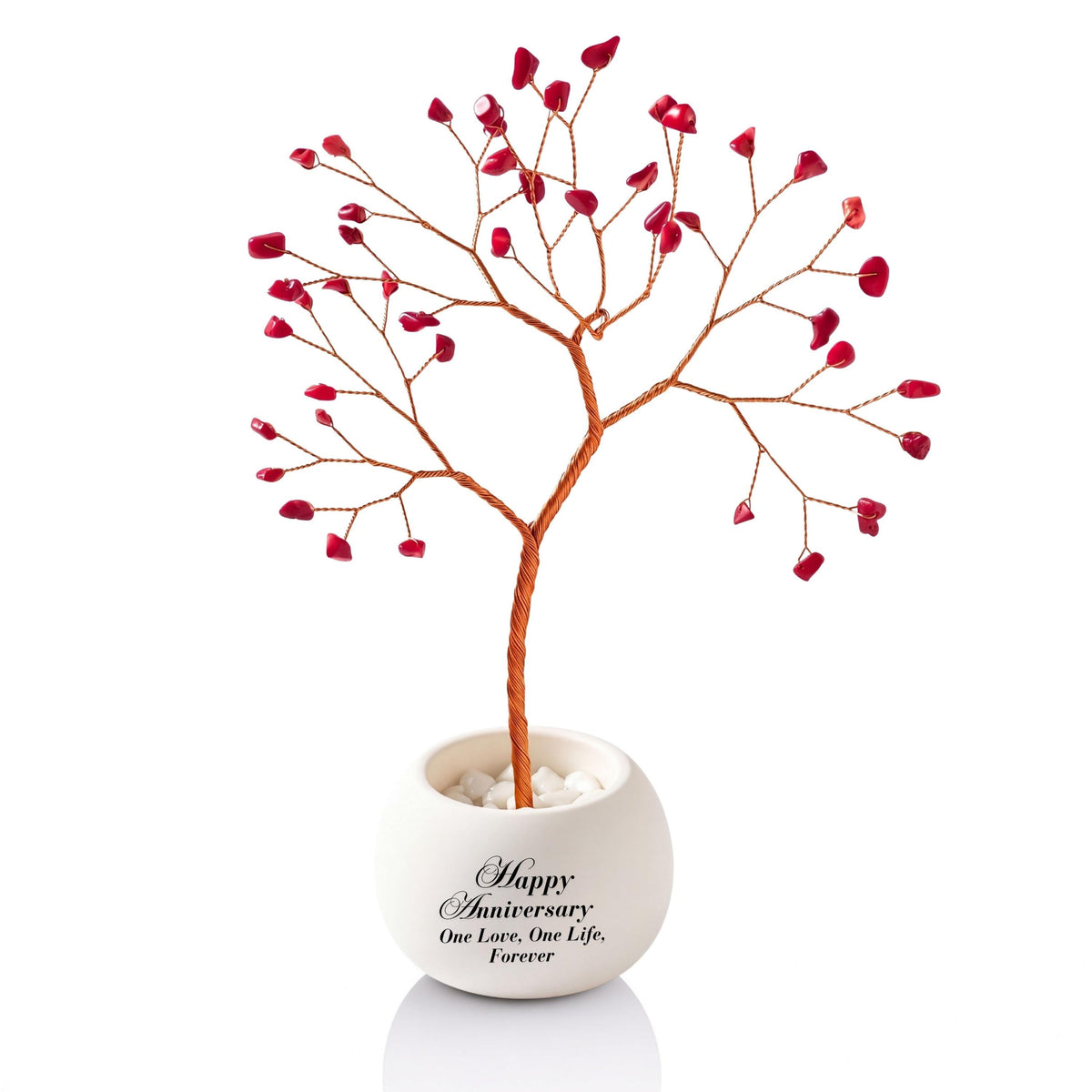Small handmade copper wire Tree of Life with red coral chips, in a white round bowl printed with Happy Anniversary One Love, One Life, Forever