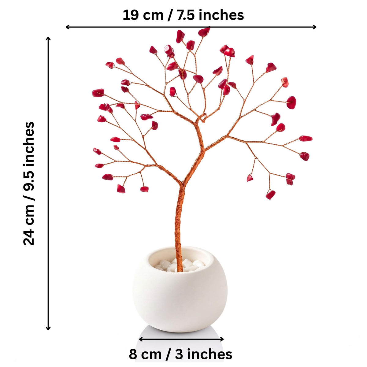Size guide: red coral copper tree about 24 cm (9.5 in) tall and 19 cm (7.5 in) wide, bowl about 8 cm (3 in)