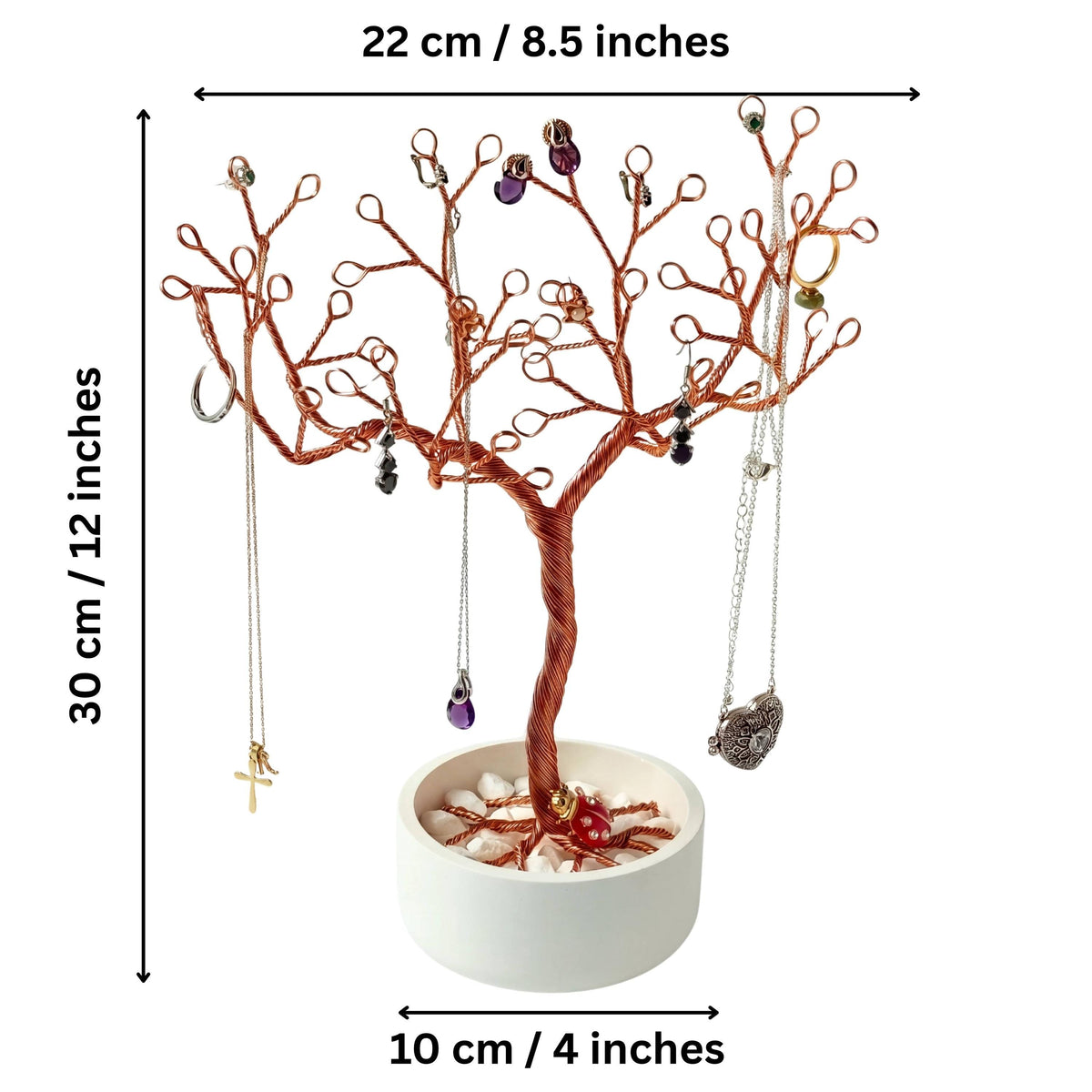 Copper jewelry holder size guide, 30 cm tall, 22 cm wide, 10 cm bowl