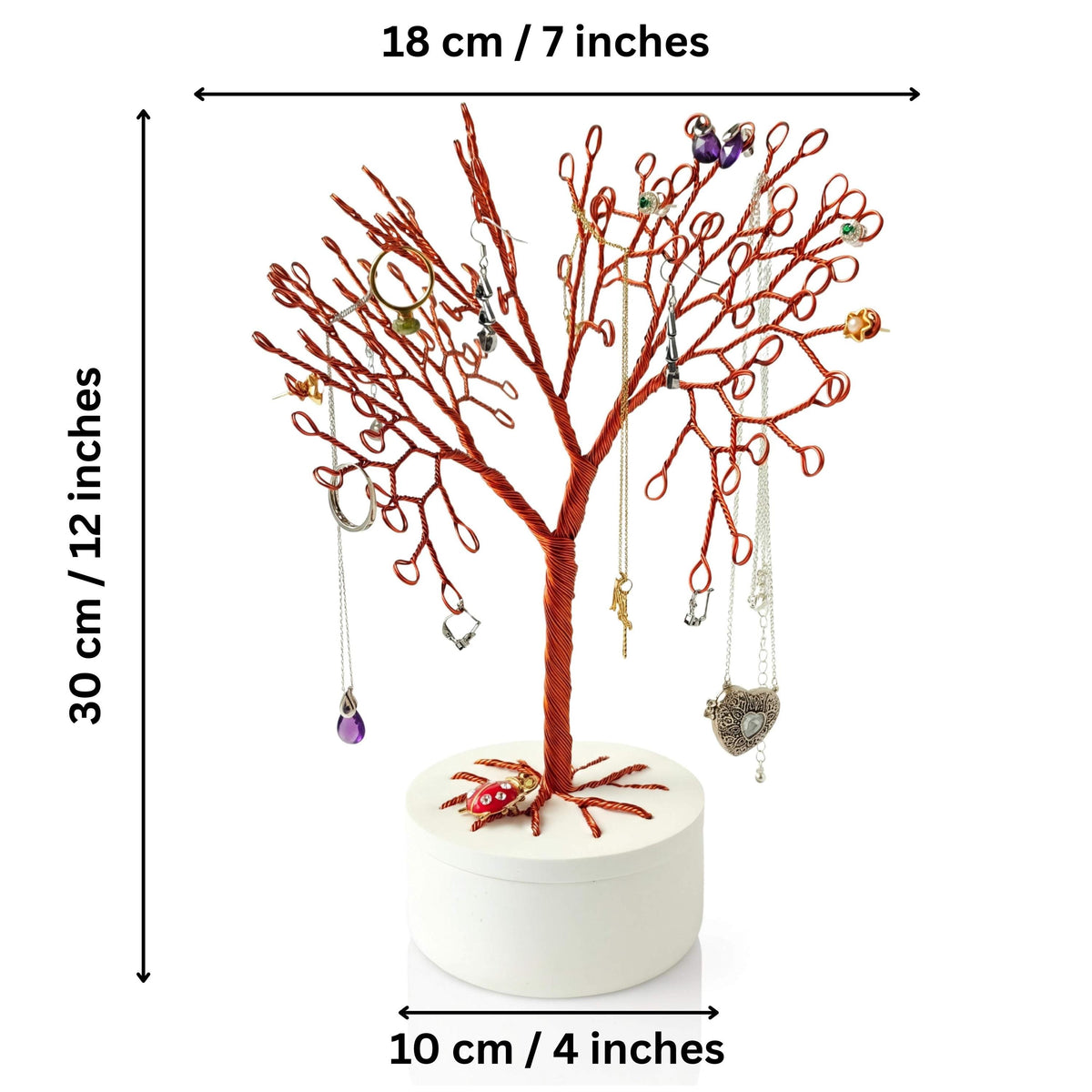 Copper jewelry tree with jewelry, 30 cm (12 in) tall