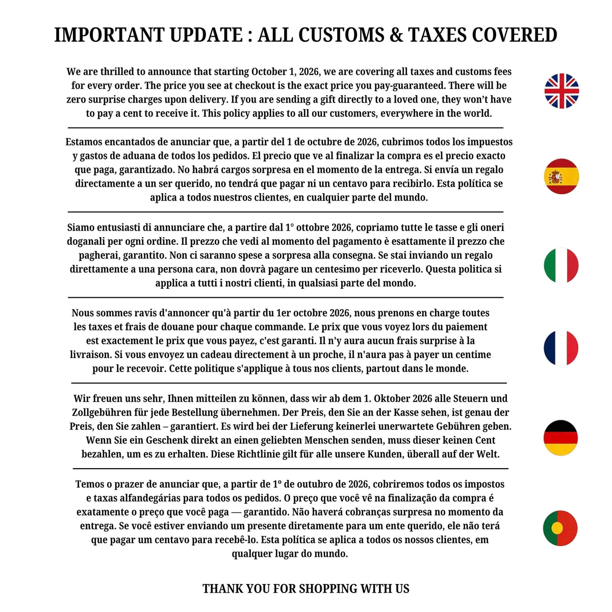 Notice that customs and taxes are covered from October 2026