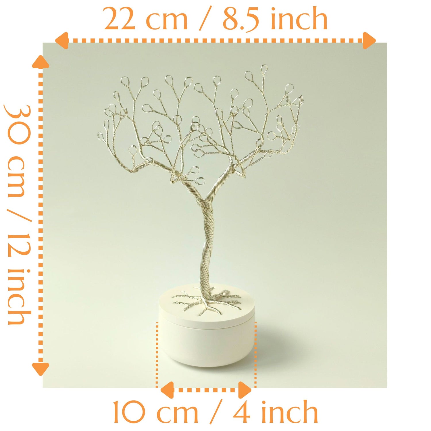 Jewelry silver tree stand size guide with height, width, and bowl diameter