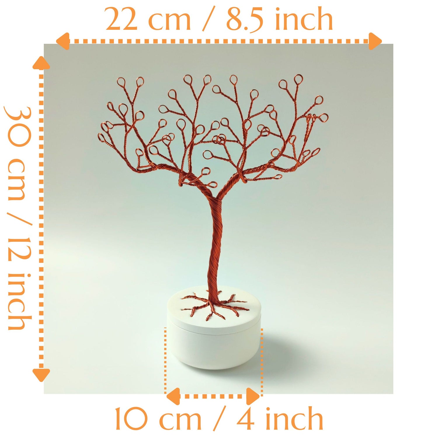 Jewelry tree stand size guide with height, width, and bowl diameter