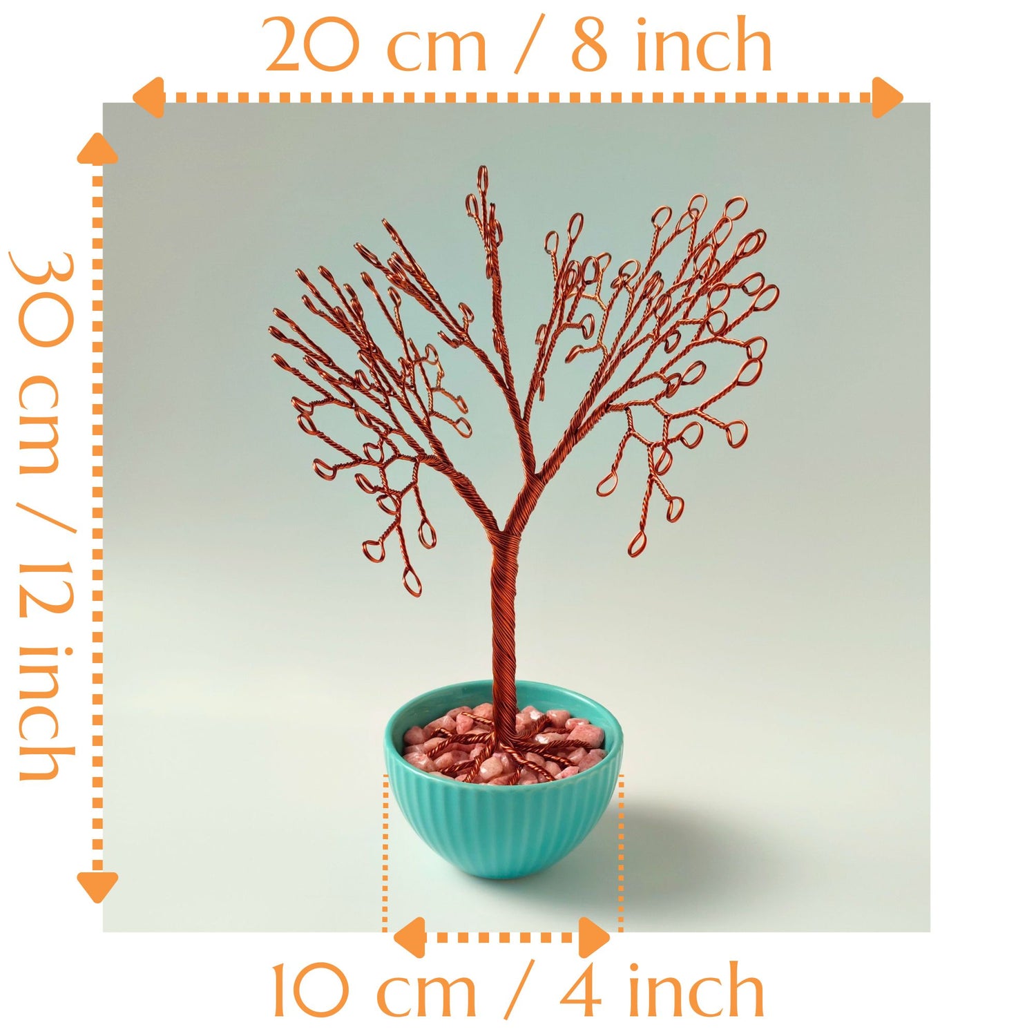 Jewelry tree stand size guide with height, width, and bowl with pink stones diameter