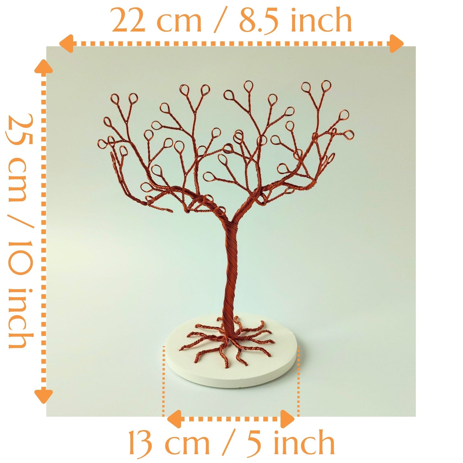 Jewelry tree stand with tray size guide with height, width and diameter