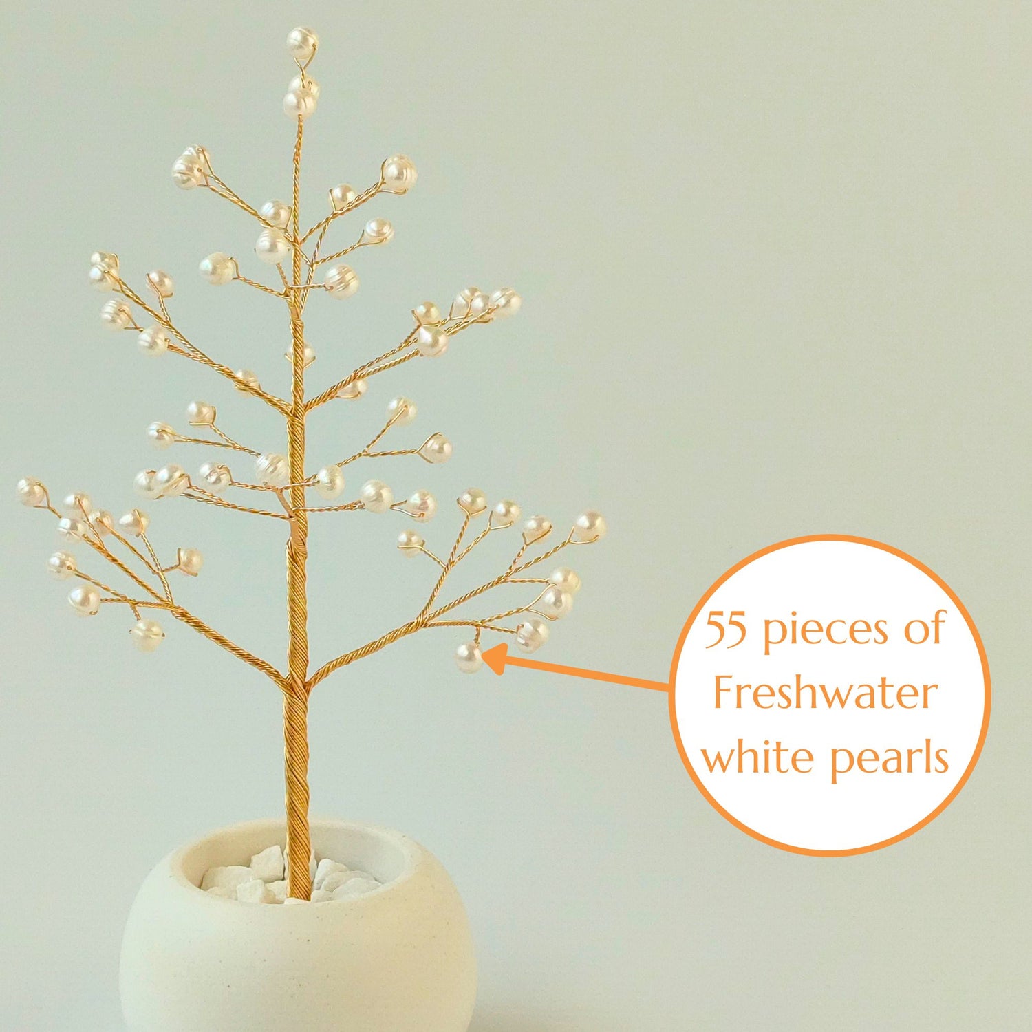 Detail of Pearl Christmas Golden Tree branch showing 55 natural freshwater pearls