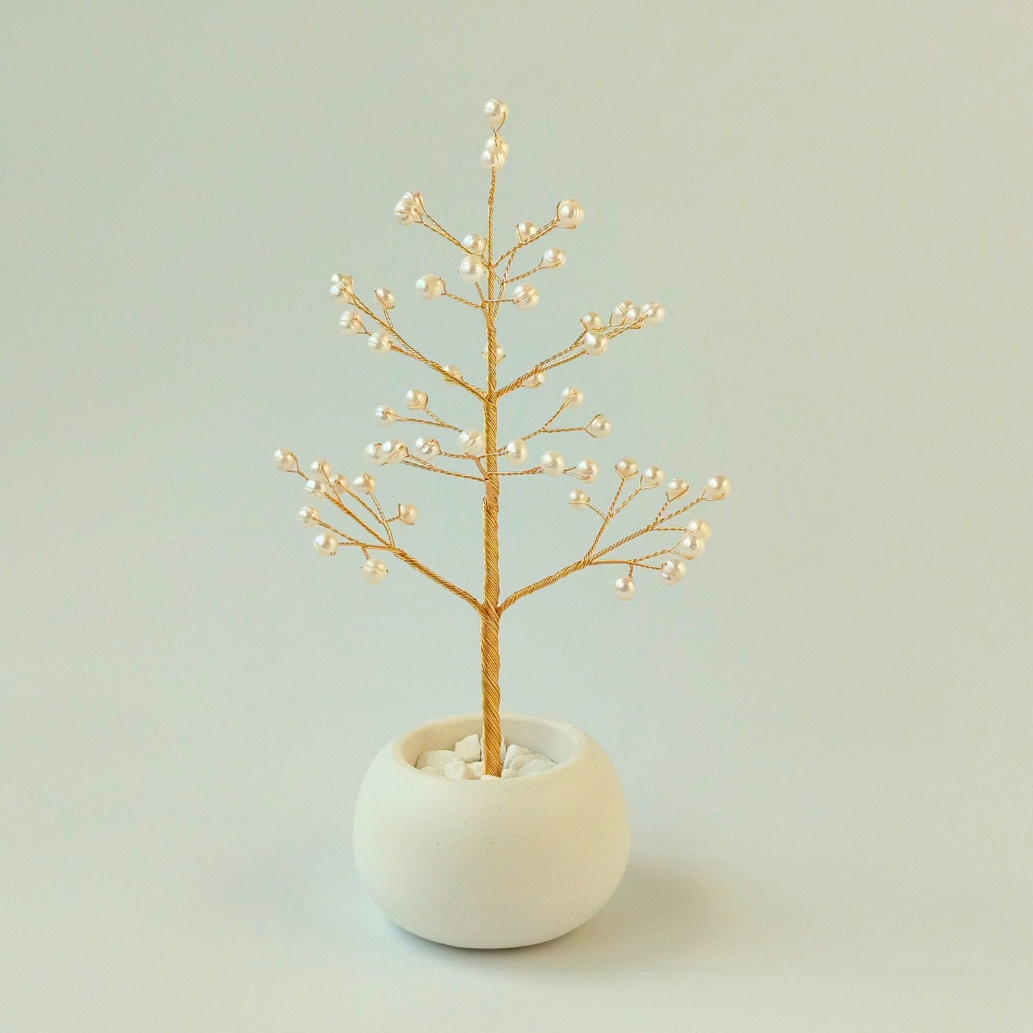 Handmade Pearl Christmas Tree with gilt wire branches and freshwater pearls – elegant holiday decor