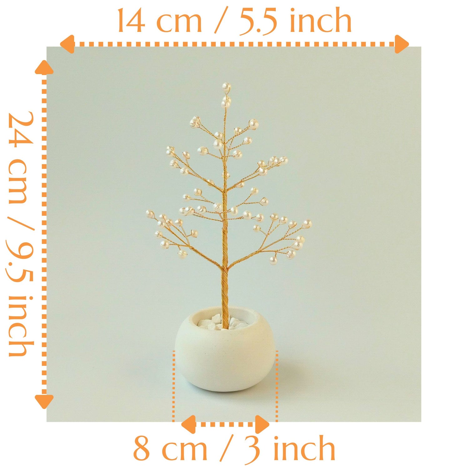 Dimensions of Pearl Christmas Golden Tree – 24 cm tall, 14 cm wide, 14 cm depth