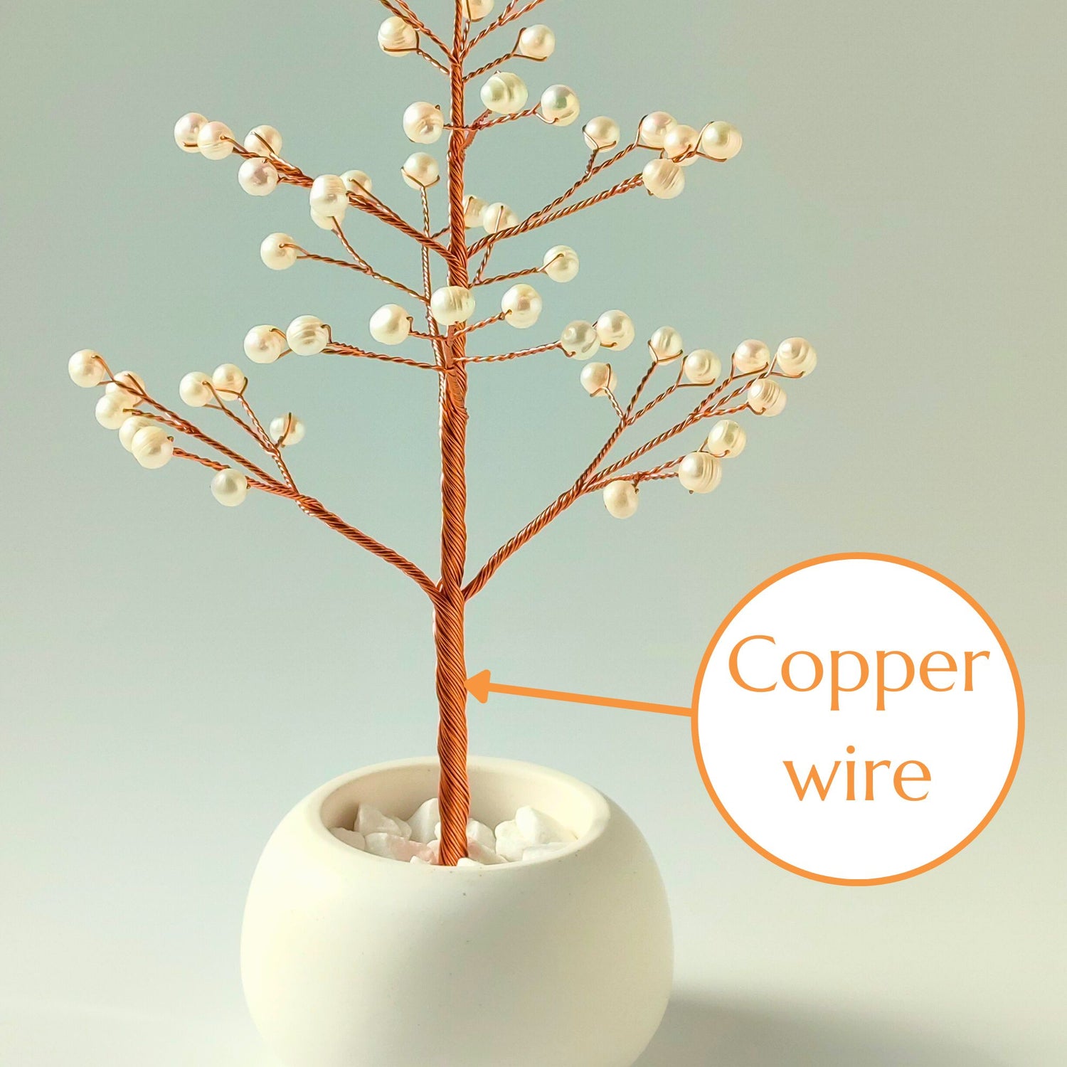 Copper wire trunk of handmade Pearl Christmas Tree with natural pearls