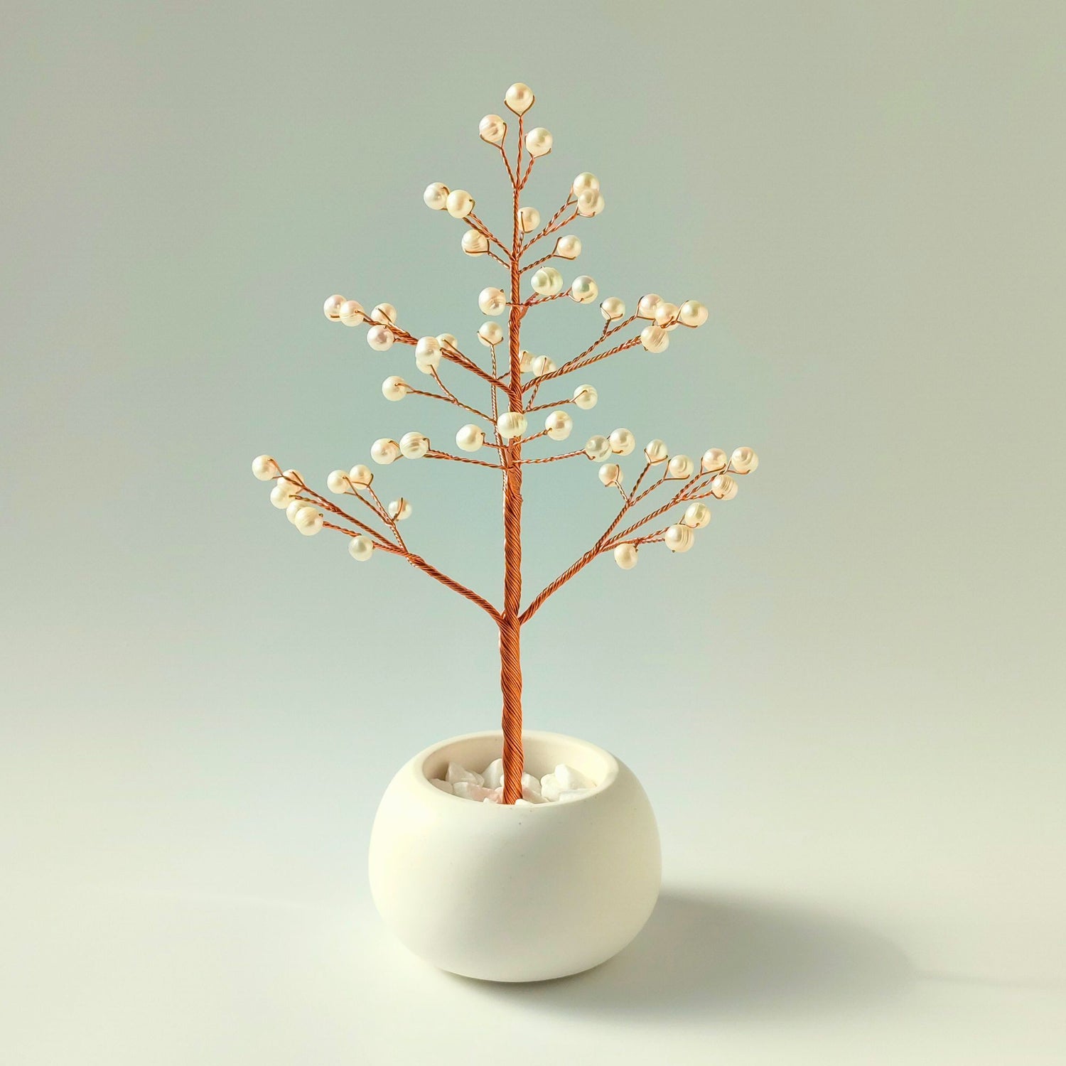 Handmade Pearl Christmas Tree with copper wire branches and freshwater pearls – elegant holiday decor