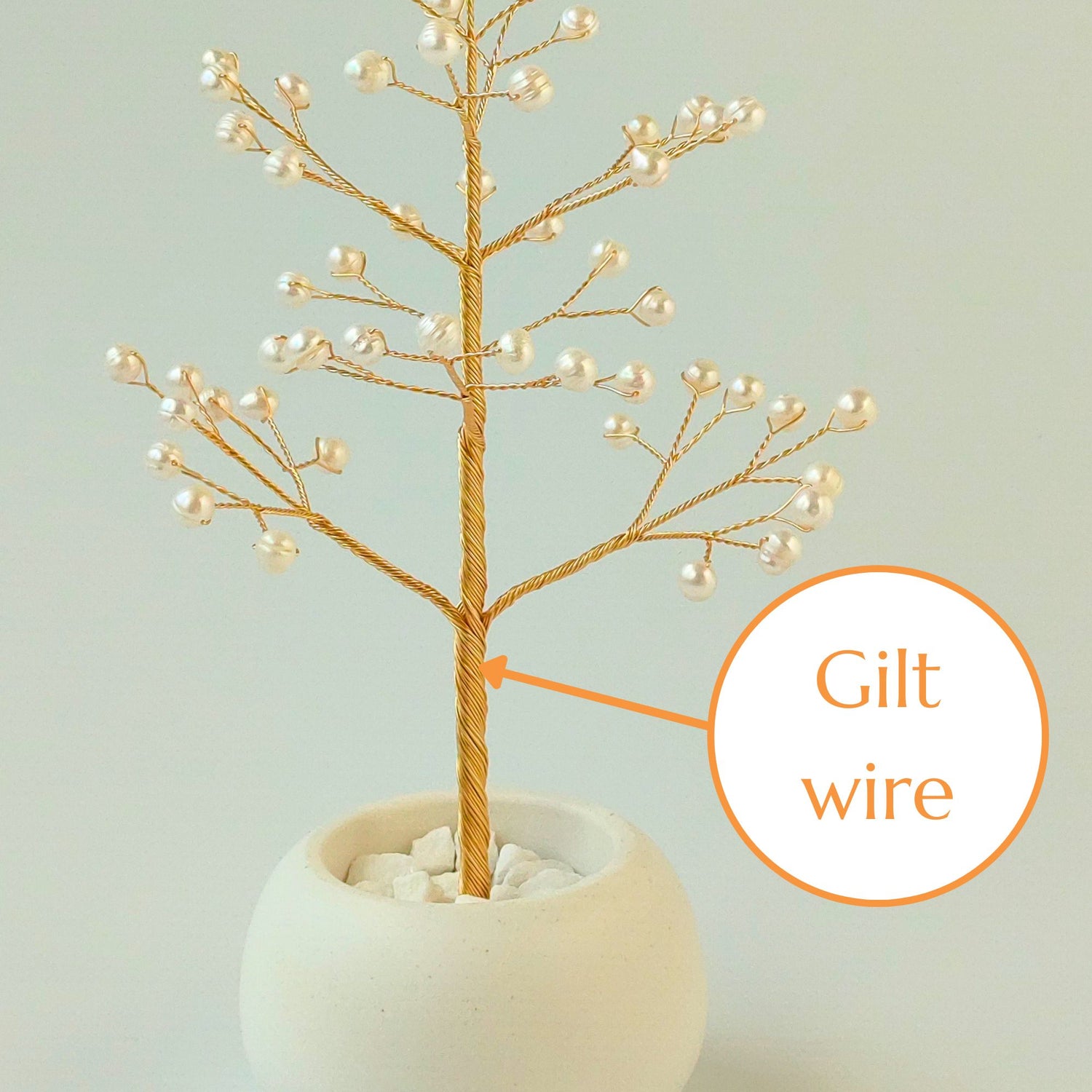 Gilt wire trunk of handmade Pearl Christmas Tree with natural pearls