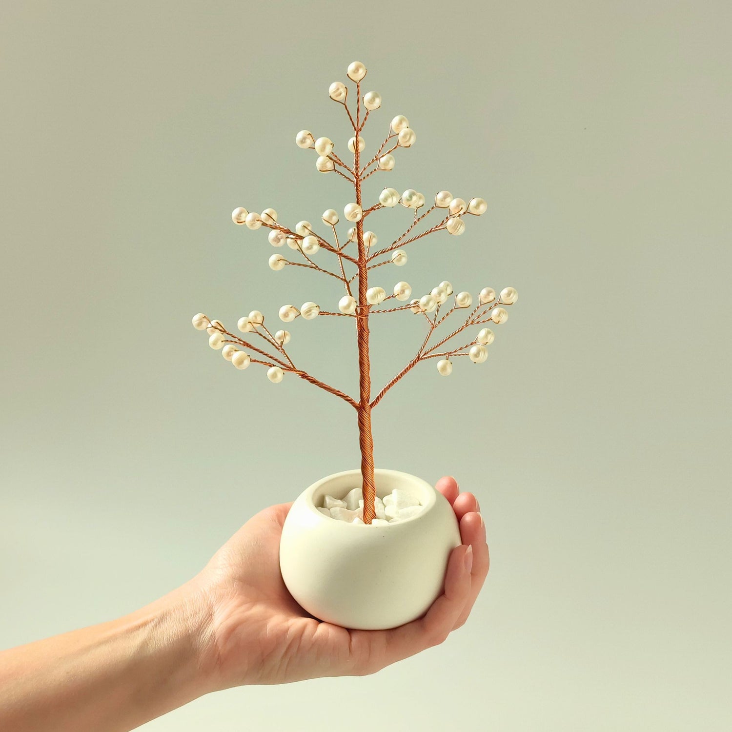 Pearl Christmas Tree held in hand to show scale – copper wire & freshwater pearls