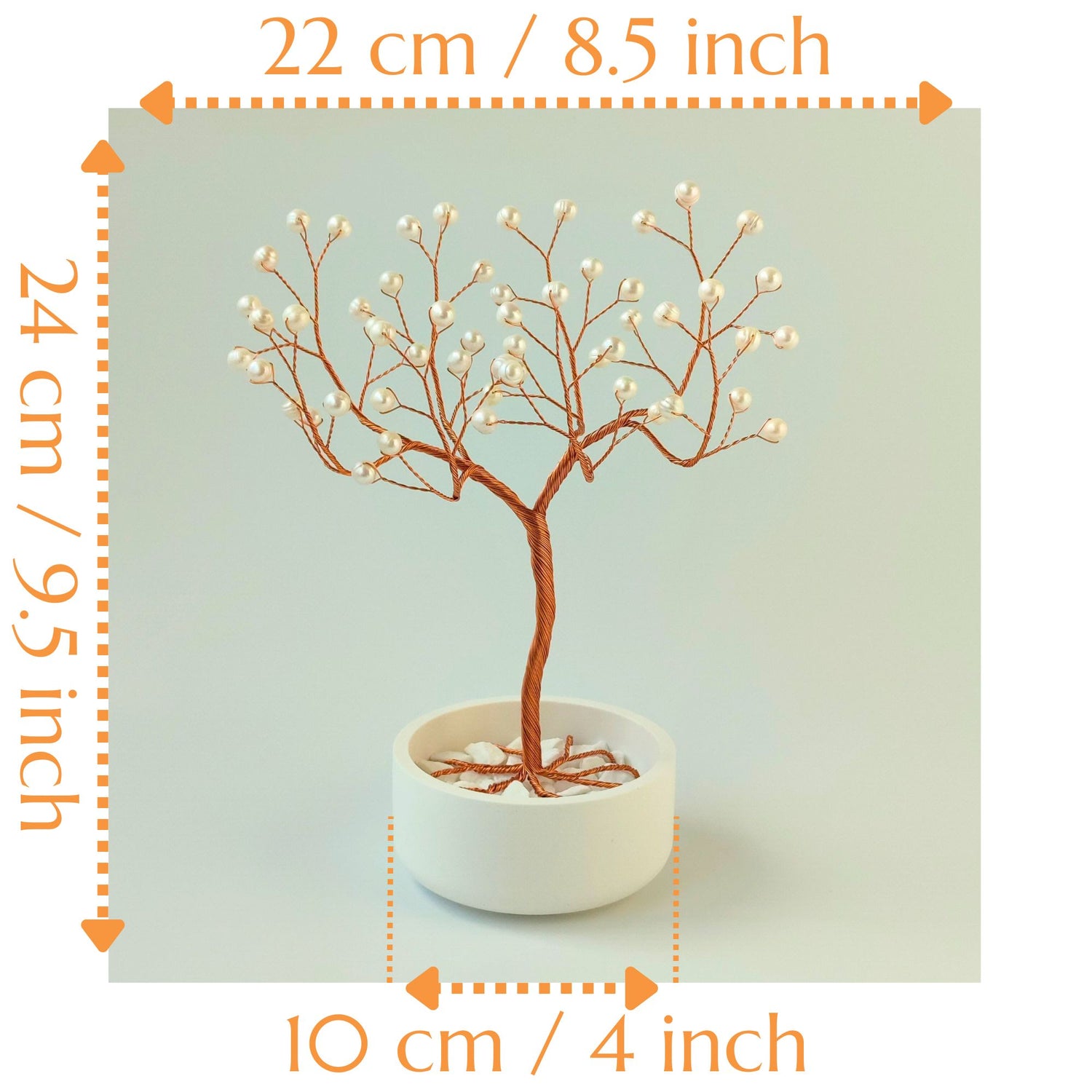 Dimensions of handmade pearl jewelry elegant copper tree – height 9.5 inch and width 8.5 inch