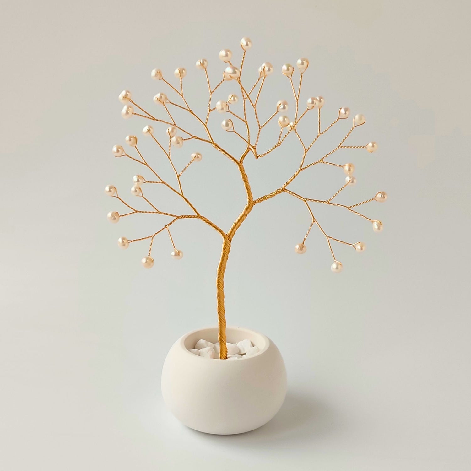 Handmade pearl jewelry gold small tree with white ceramic bowl – front view showing full shape and design
