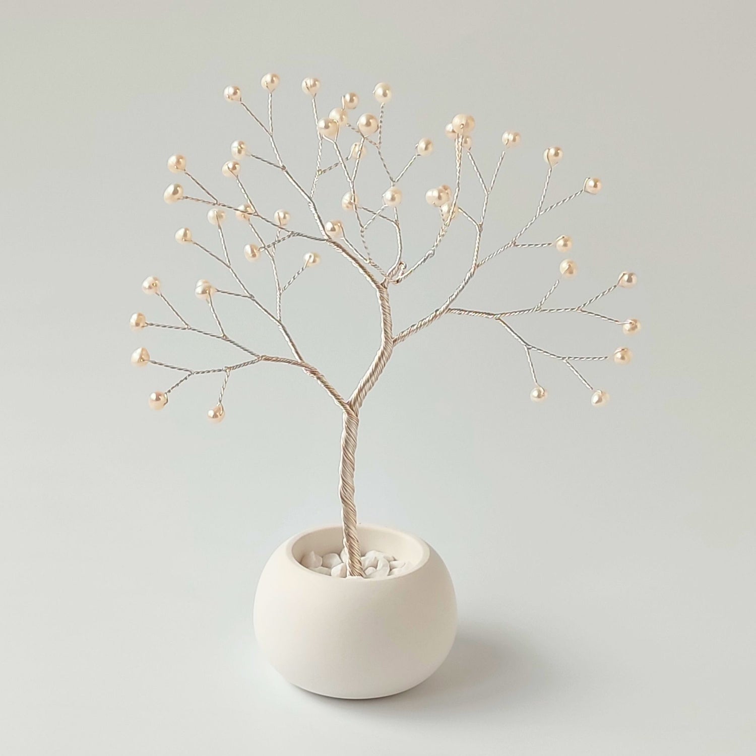 Handmade pearl jewelry silver small tree with white ceramic bowl – front view showing full shape and design