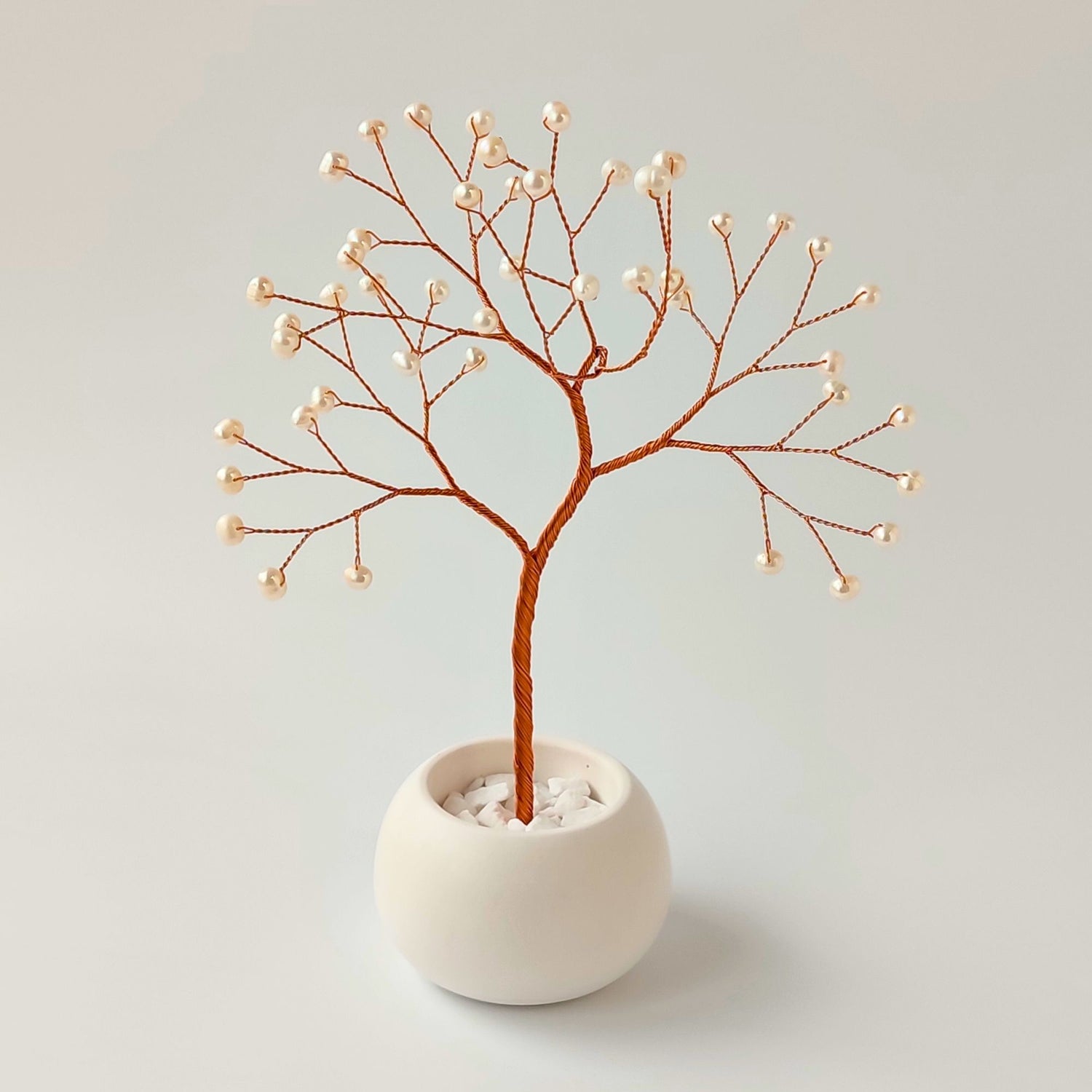 Handmade pearl jewelry tree with white ceramic bowl – front view showing full shape and design