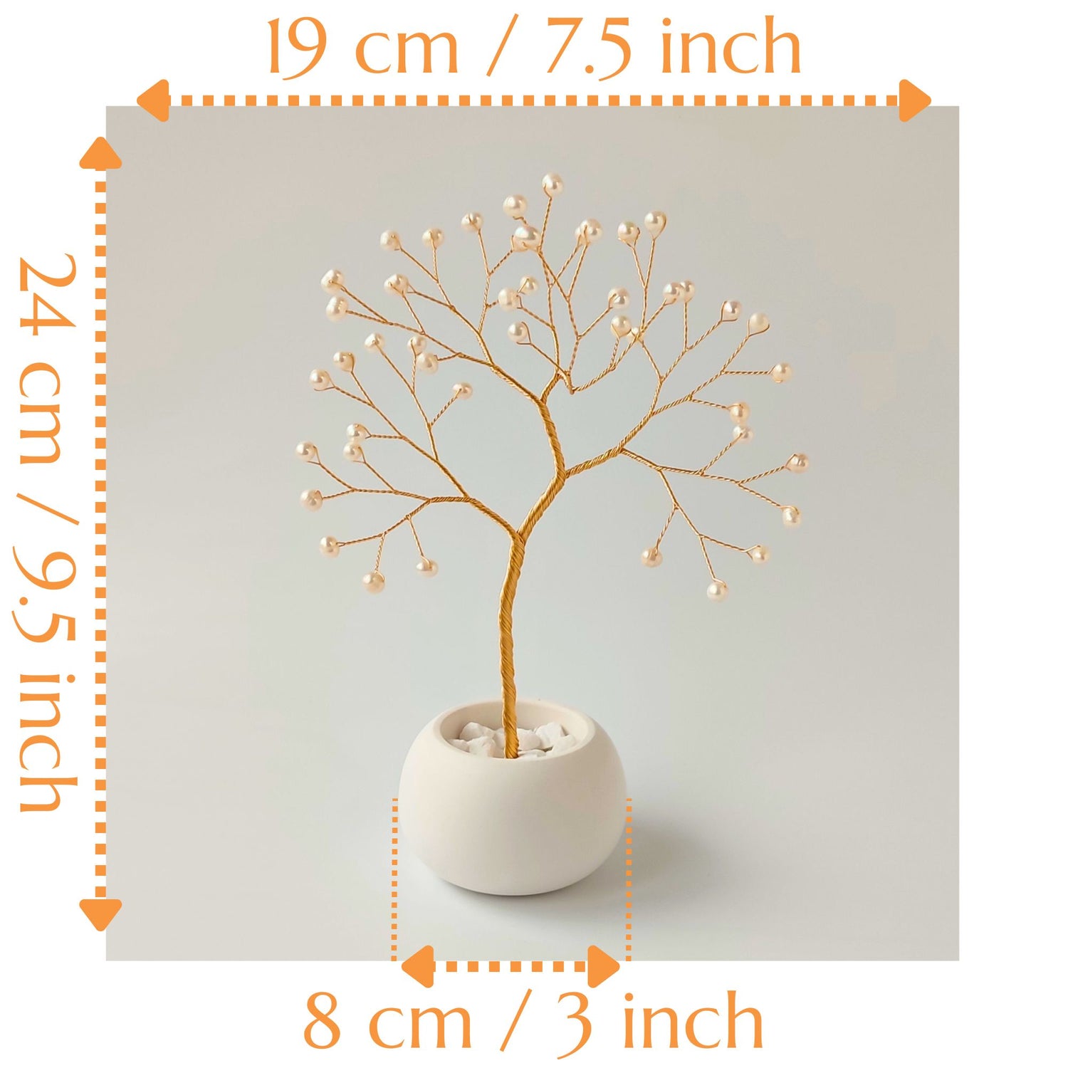 Dimensions of handmade pearl jewelry small gold tree – height 24 cm, width 19 cm, depth 14 cm