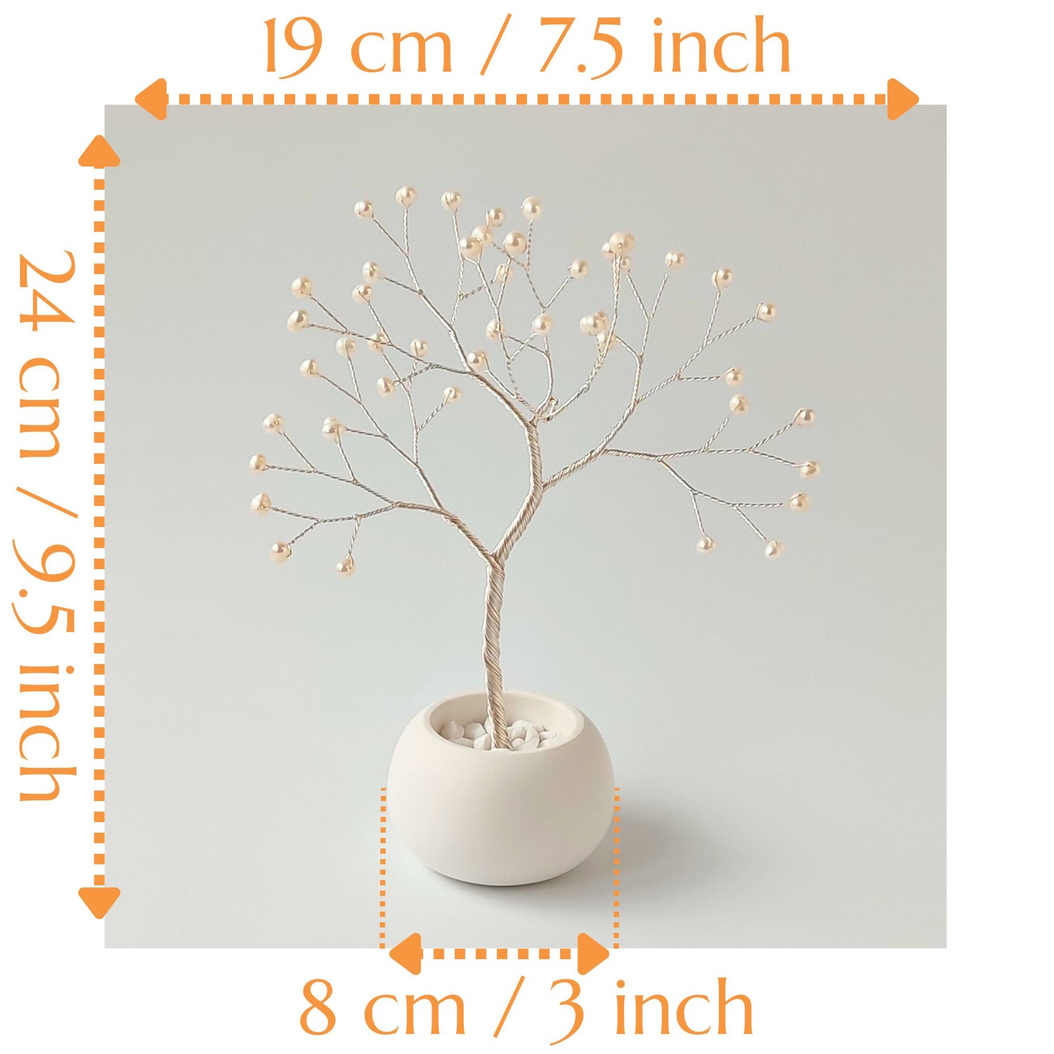 Dimensions of handmade pearl jewelry small silver tree – height 24 cm, width 19 cm, depth 14 cm