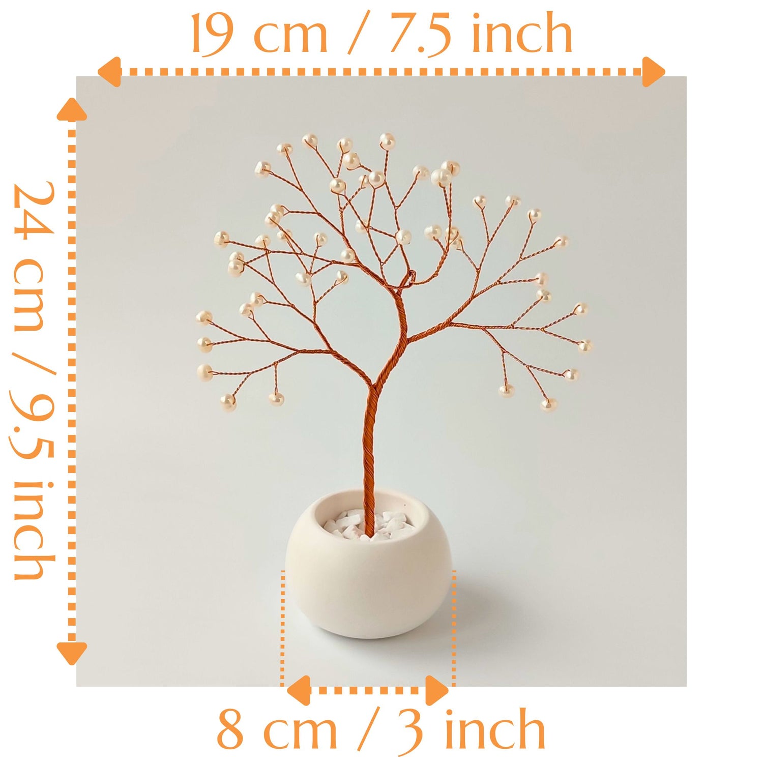 Dimensions of handmade pearl jewelry tree – height 24 cm, width 19 cm, depth 14 cm