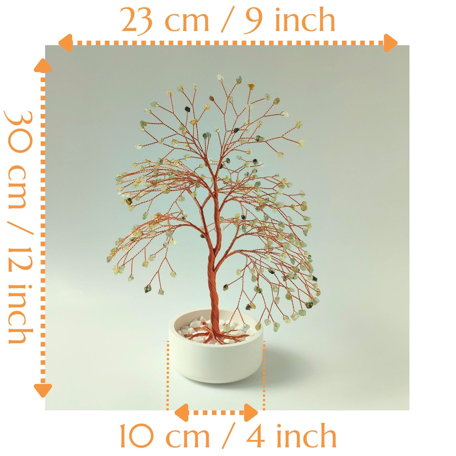 Dimensions of handmade prehnite gemstone large copper tree – height 12 inch and width 9 inch