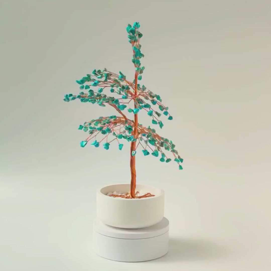 360° rotating view of handmade 280 turquoise large copper tree – see all angles of the sculpture