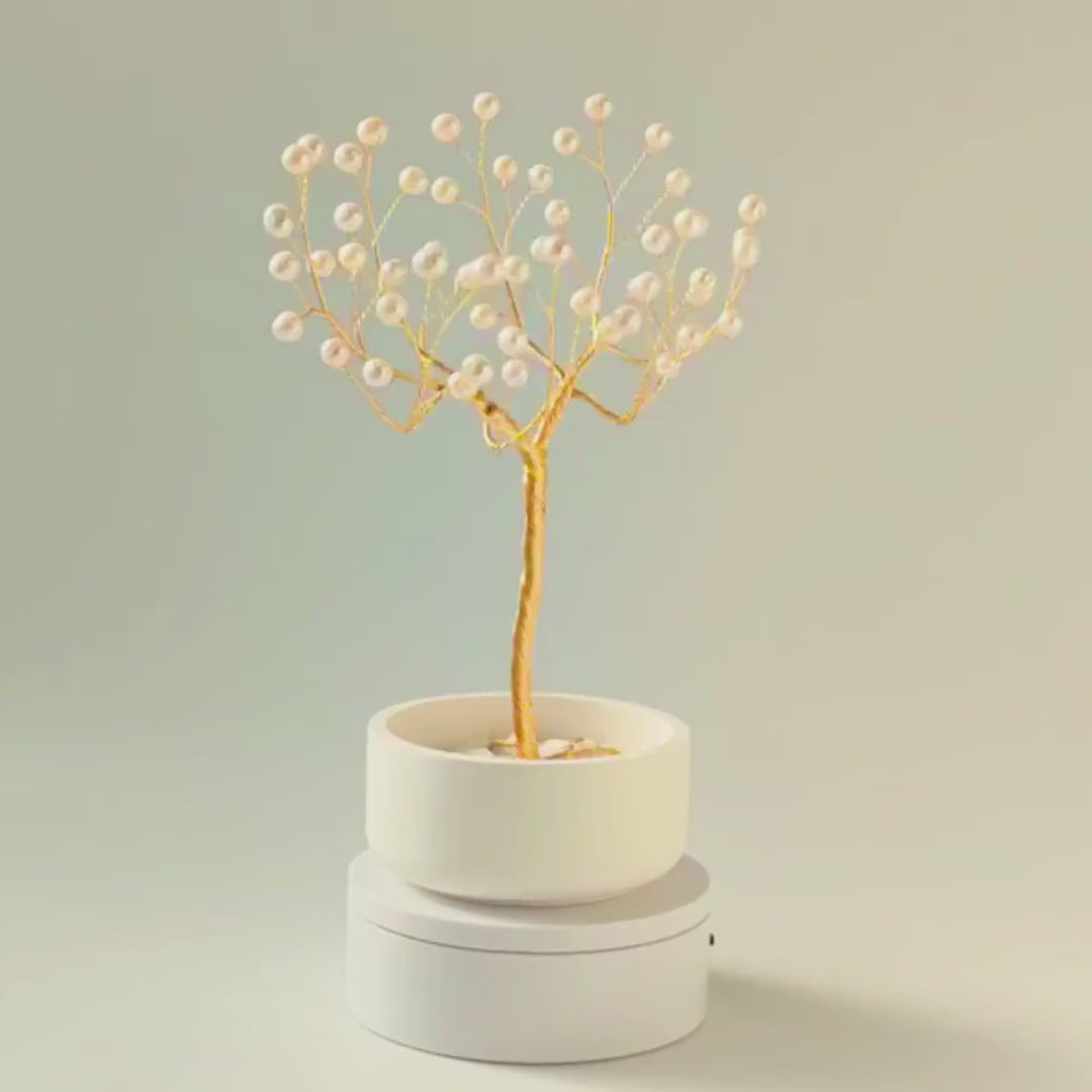 360° rotating view of the handmade 54 pearl tree of life with gold wire
