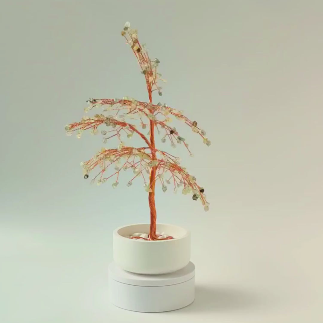 360° rotating view of handmade 280 prehnite large copper tree – see all angles of the sculpture