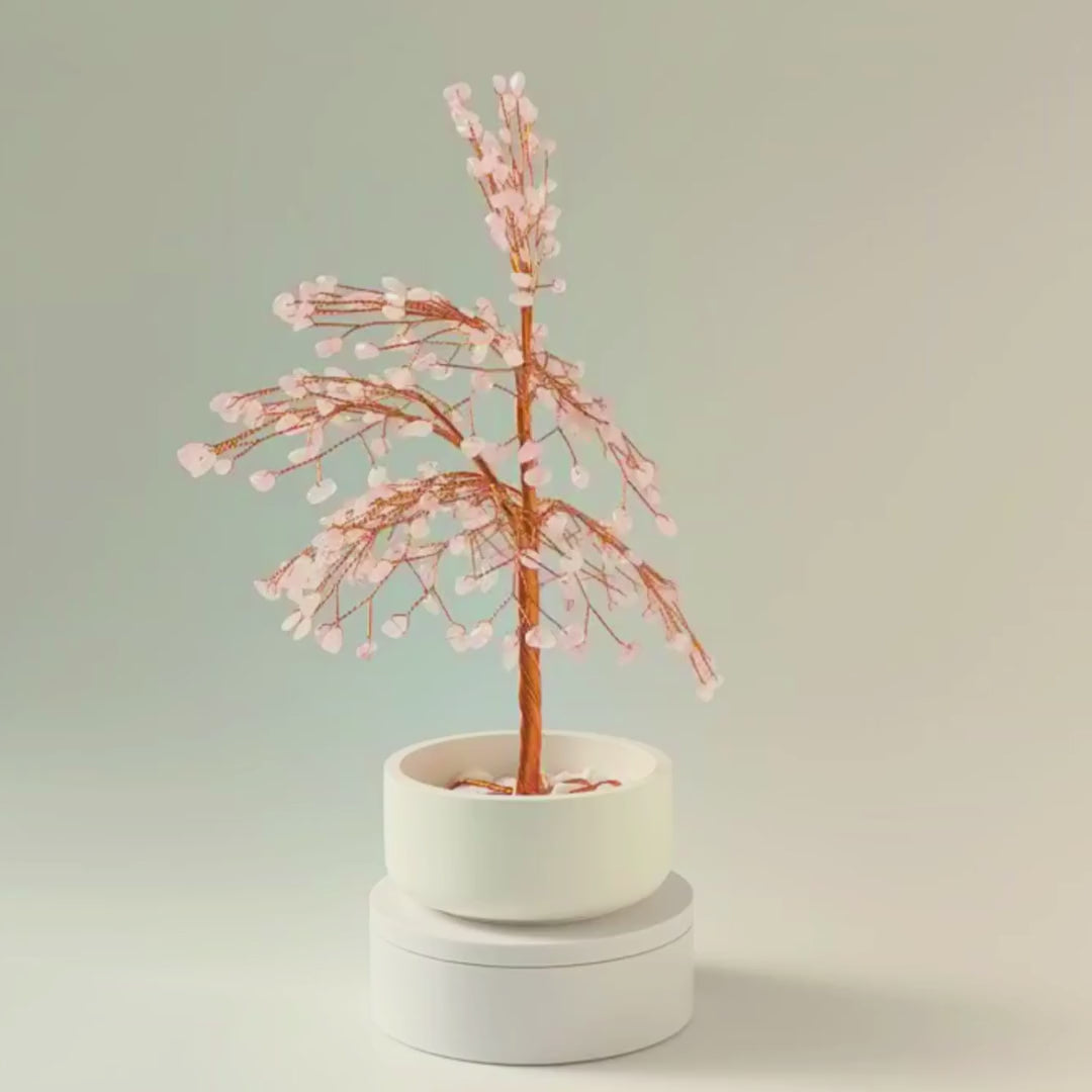 360° rotating view of handmade 280 rose quartz large copper tree – see all angles of the sculpture