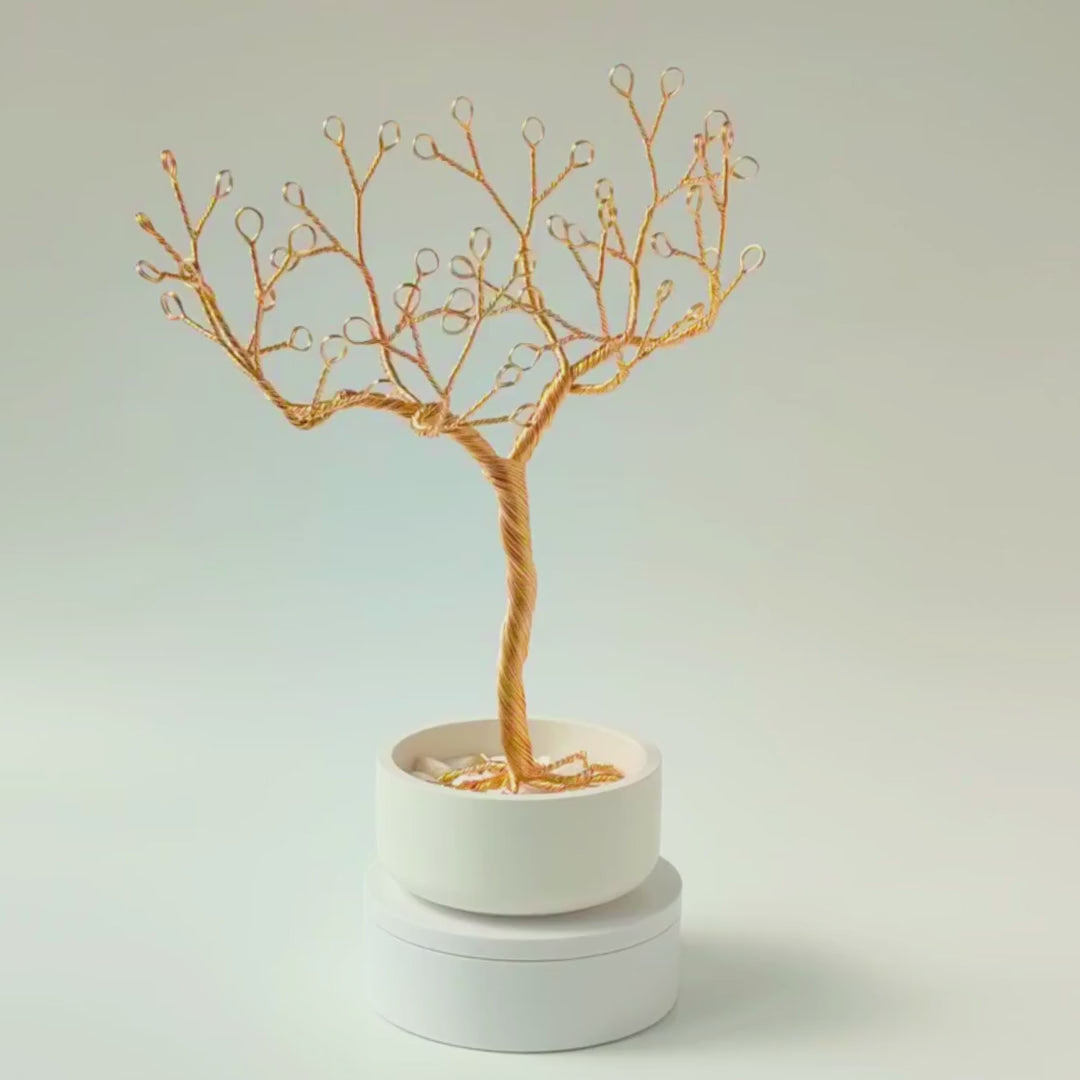 360° video of handmade gold jewelry tree with ceramic bowl and decorative white stones