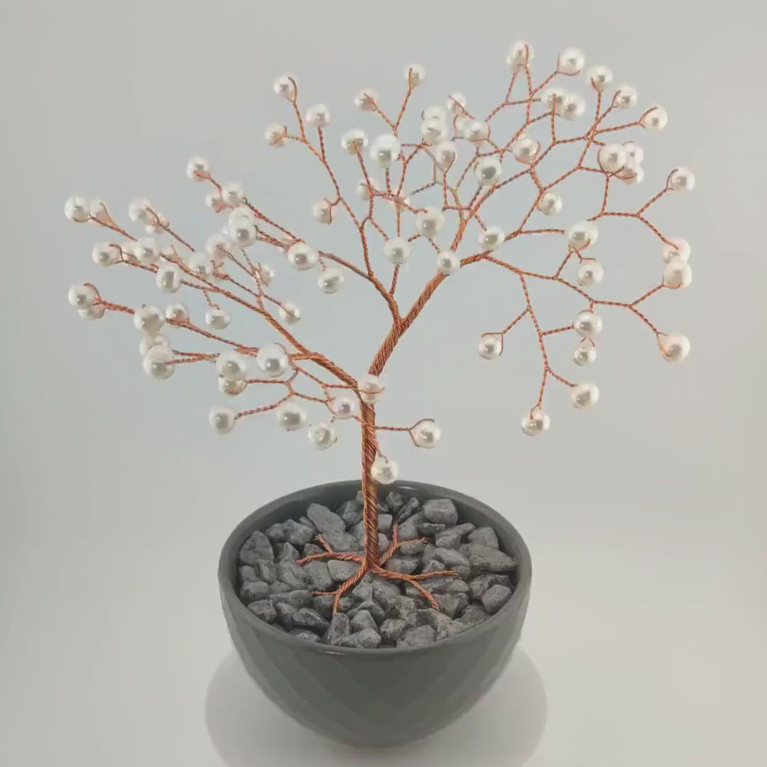 360° video of the copper wire tree of life with white freshwater pearls in a grey bowl