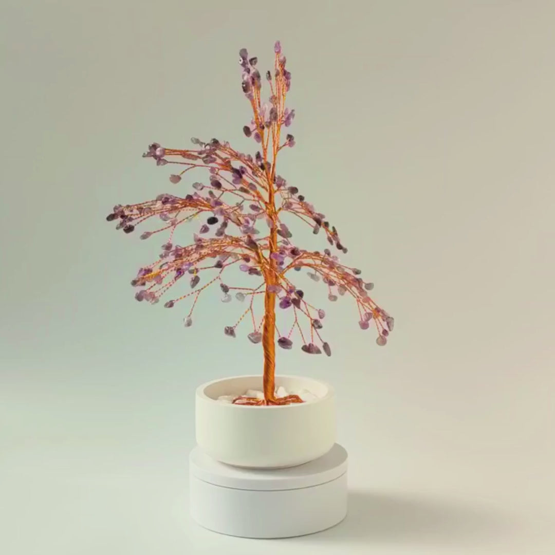 360° rotating view of handmade 280 amethyst crystal large copper tree – see all angles of the sculpture