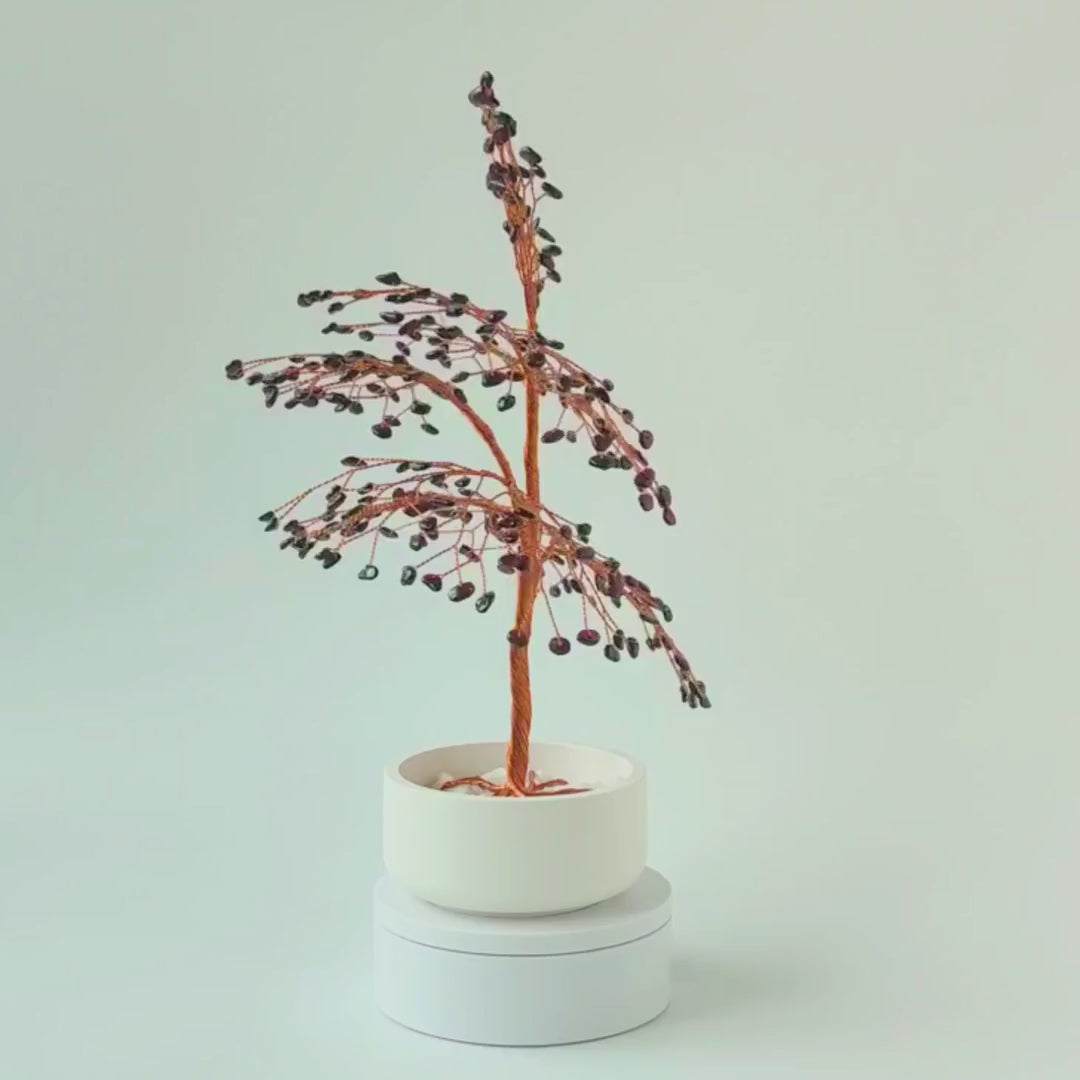 360° rotating view of handmade 280 garnet large copper tree – see all angles of the sculpture