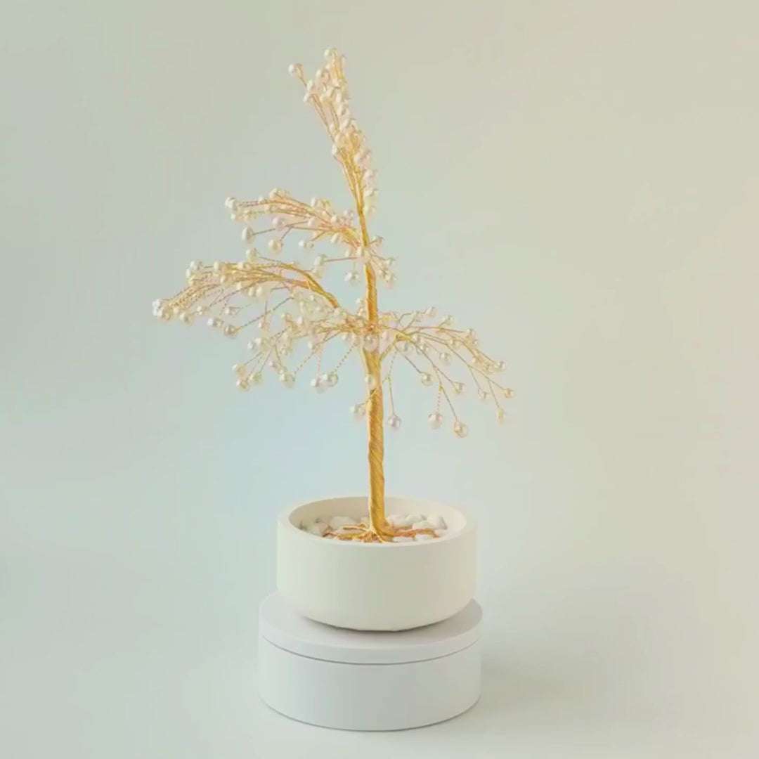 360° rotating view of handmade 180 pearl jewelry large gold tree – see all angles of the sculpture