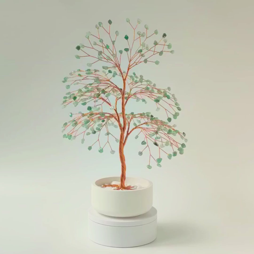 360° rotating view of handmade 280 green aventurine large copper tree – see all angles of the sculpture