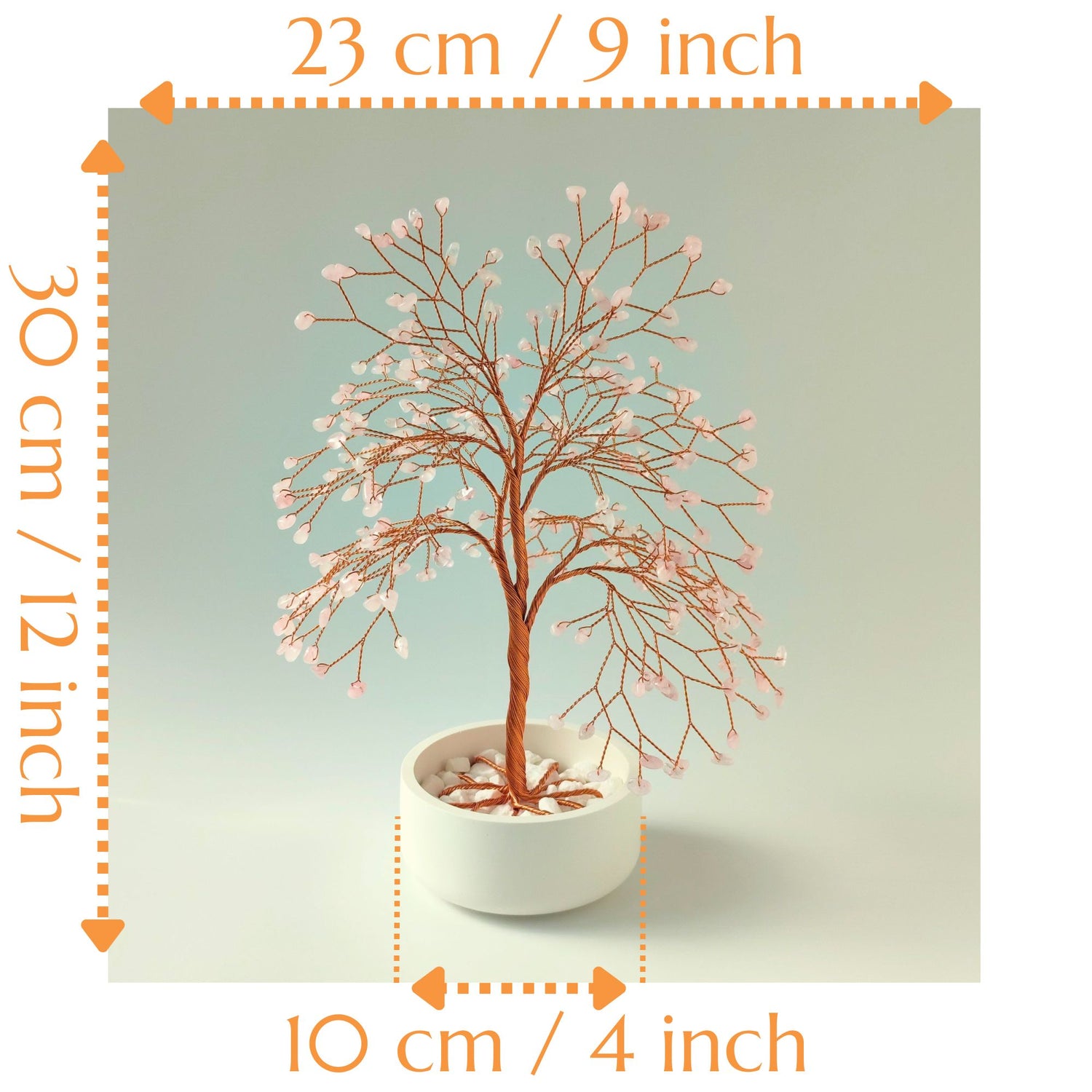 Dimensions of handmade rose quartz gemstone large copper tree – height 12 inch and width 9 inch