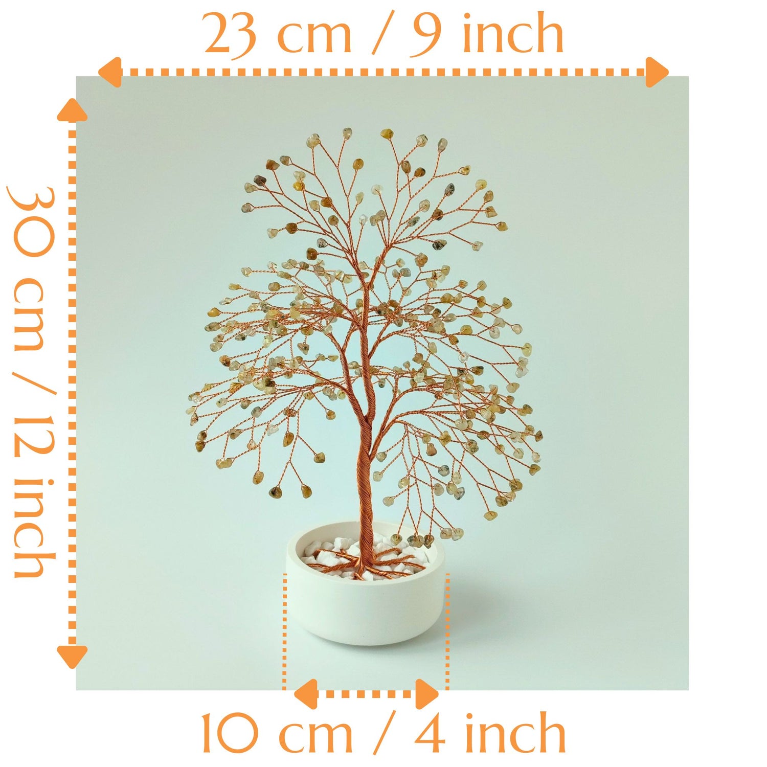 Dimensions of handmade rutilated quartz large copper tree – height 12 inch and width 9 inch