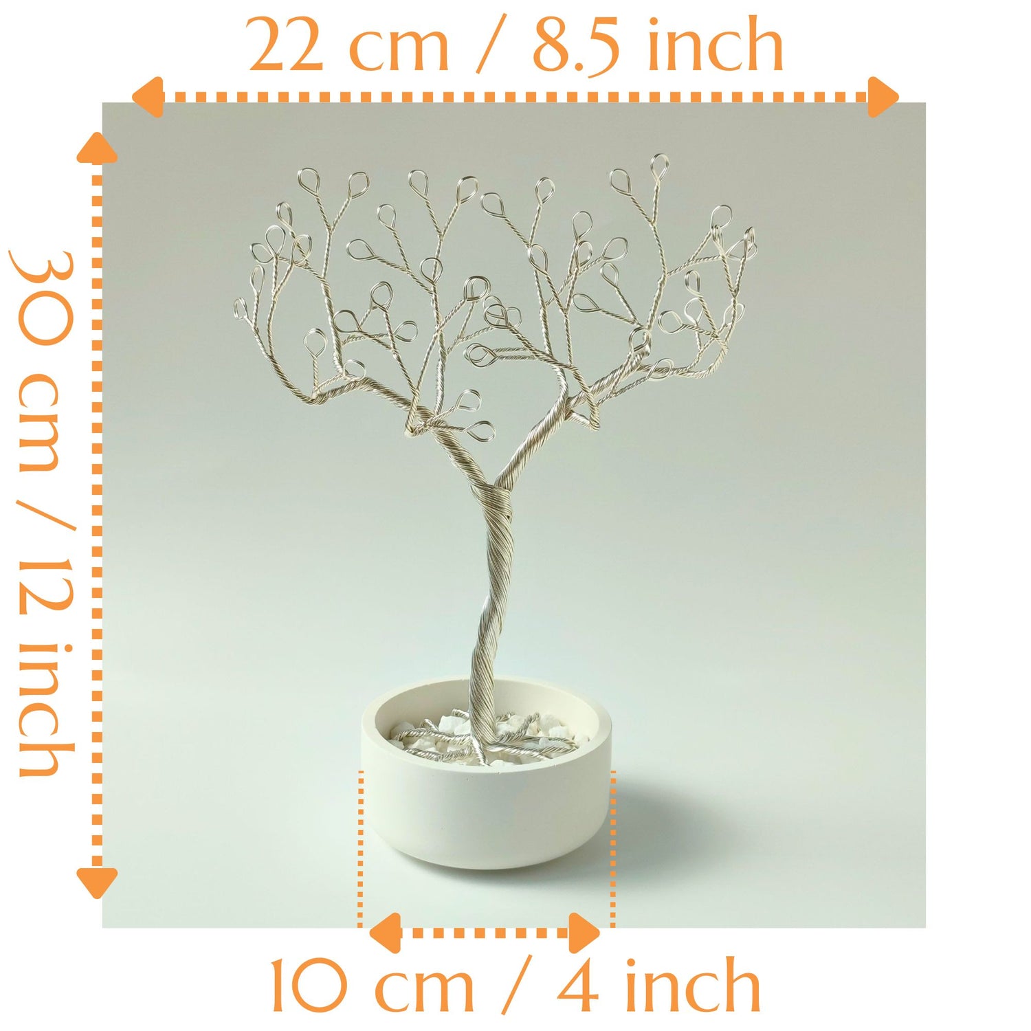 Silver jewelry tree stand size guide with height, width, and bowl with stones diameter