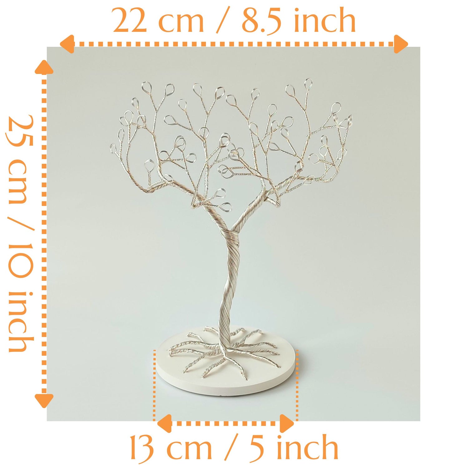 Silver jewelry tree stand with tray size guide with height, width and diameter