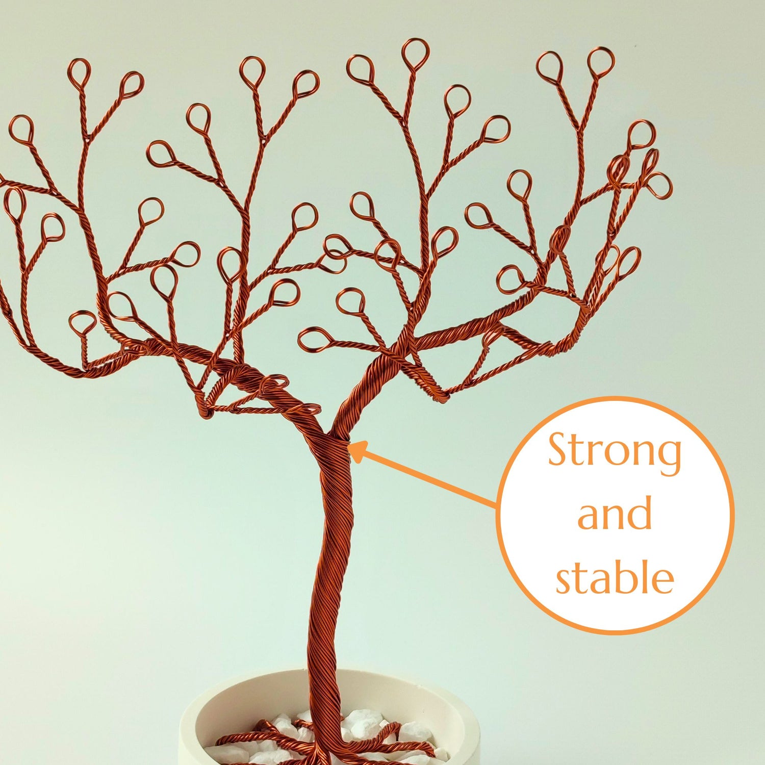 Copper jewelry holder with strong and stable wire trunk and decorative stones