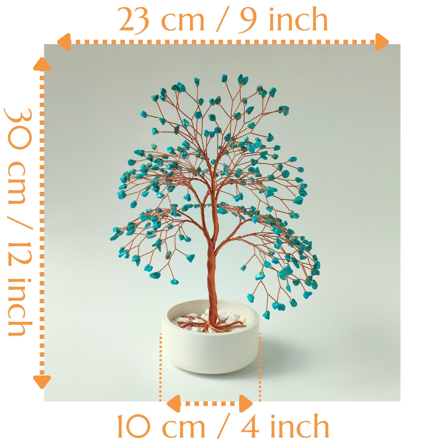 Dimensions of handmade turquoise gemstone large copper tree – height 12 inch and width 9 inch